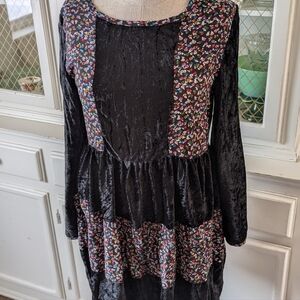 VTG 90s Ditsy Daisy Black Velvet Babydoll Dress Two Roads Mini Long Sleeve